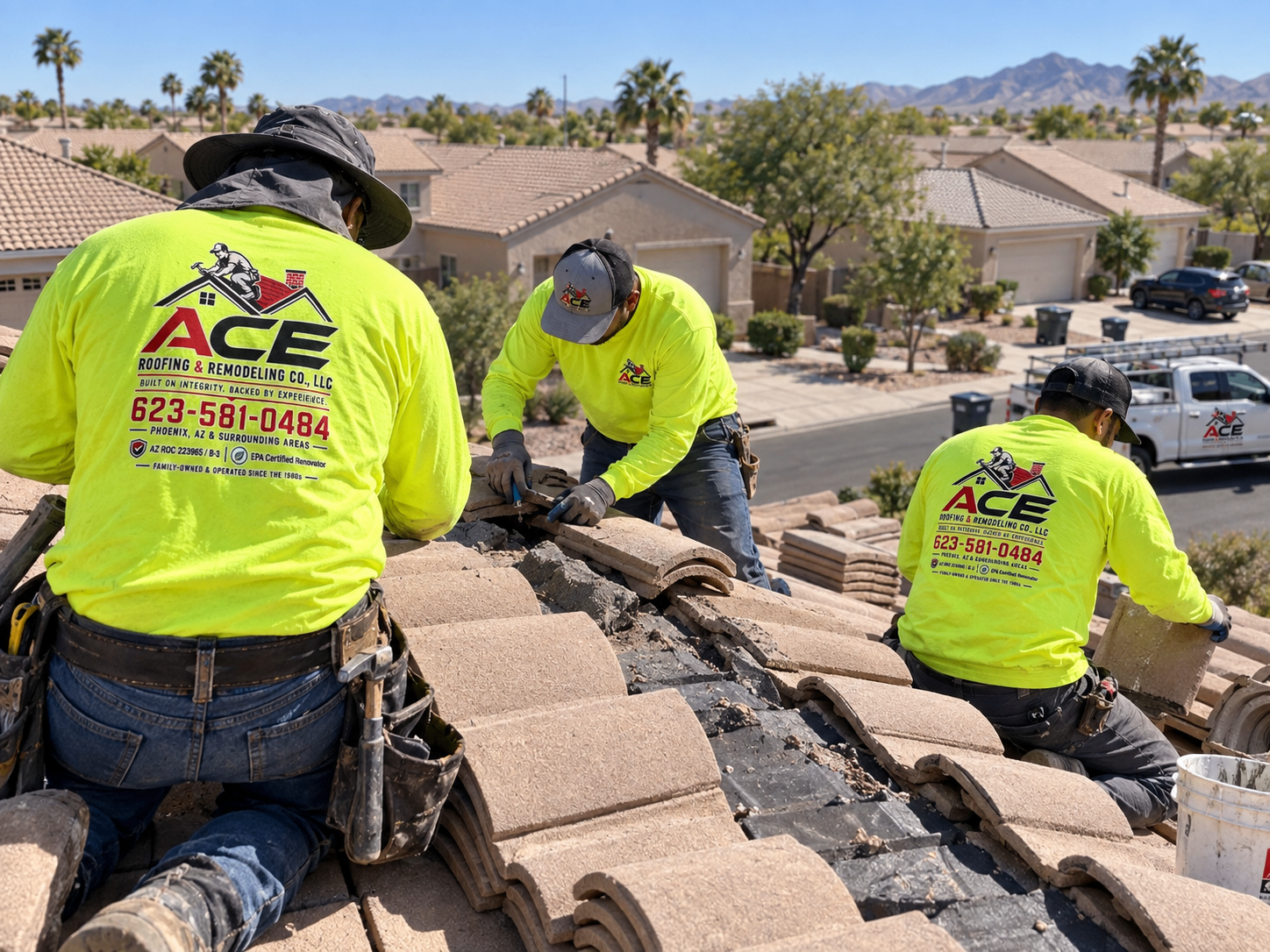 Ace Roofing crew completing a tile roof replacement on a Phoenix-area home