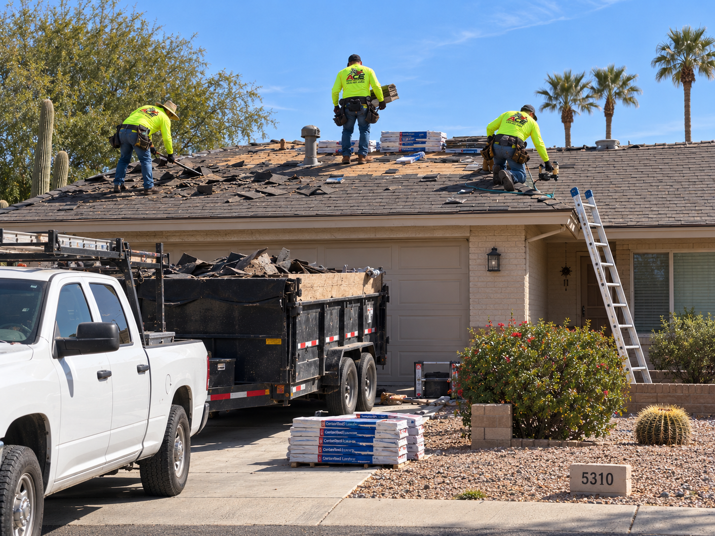 Roof replacement tear-off — old shingles removed before a new roof goes on