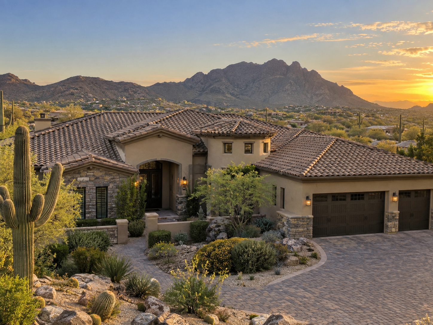 Finished tile roof on an Arizona home at sunset in the Peoria area