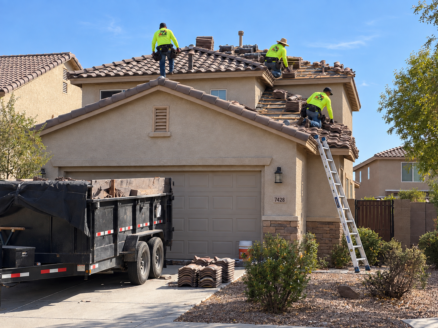 Tile roof replacement in progress on a two-story Arizona home