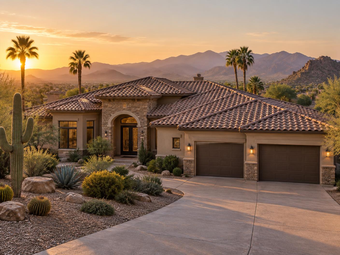 New concrete tile roof installed on a custom Phoenix home at golden hour